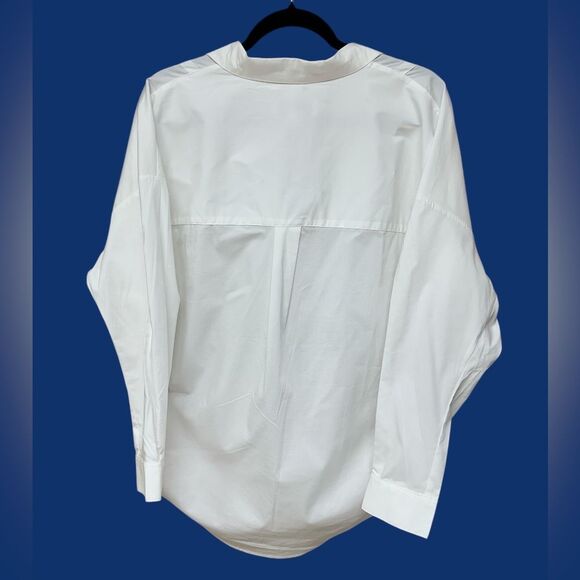 Magaschoni Tunic Top Women Large White Poplin Blouse Collared Split Neck Popover - Picture 3 of 8